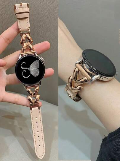 1pc 20/22mm Leather Chain Compatible With Samsung Galaxy Watch Band, Creative Fashion Casual Versatile Women's Watch Strap, Apricot Color, Fits Galaxy Watch4/5/6/7/40/44/43/47/45mm, Compatible With Samsung Galaxy Watch 8, Classic 5/4, Metal Smart Watch Strap, Wristband Accessory