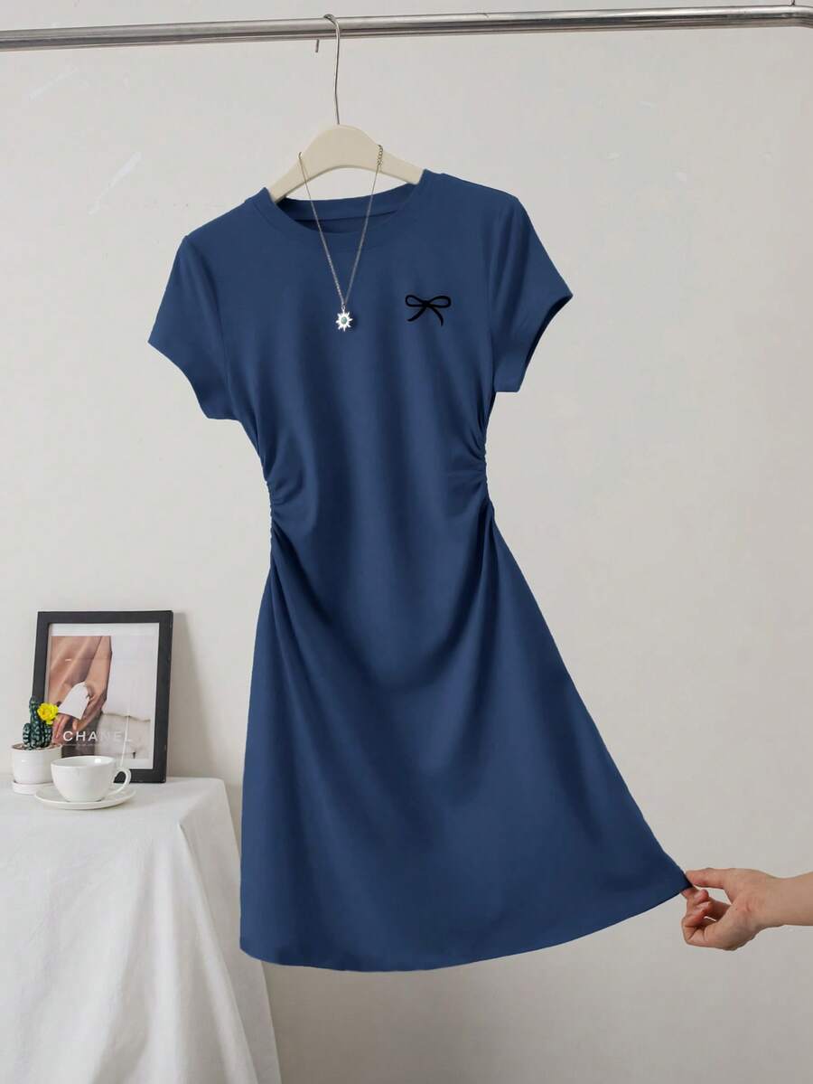 Women's Casual Slim Fit Butterfly Print Detail Minimalist Solid Color Ruched Crew Neck Short Sleeve Dress