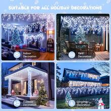 3.5M/7M Luces de cortina solar tipo carámbano, decoración de luces navideñas para interiores/exteriores, 97 LED/160 LED con 8 modos de parpadeo, luces de hadas LED con función de memoria, a prueba de agua para decorar aleros, jardín, fiesta, balcón, árbol, techo, paredes en vacaciones