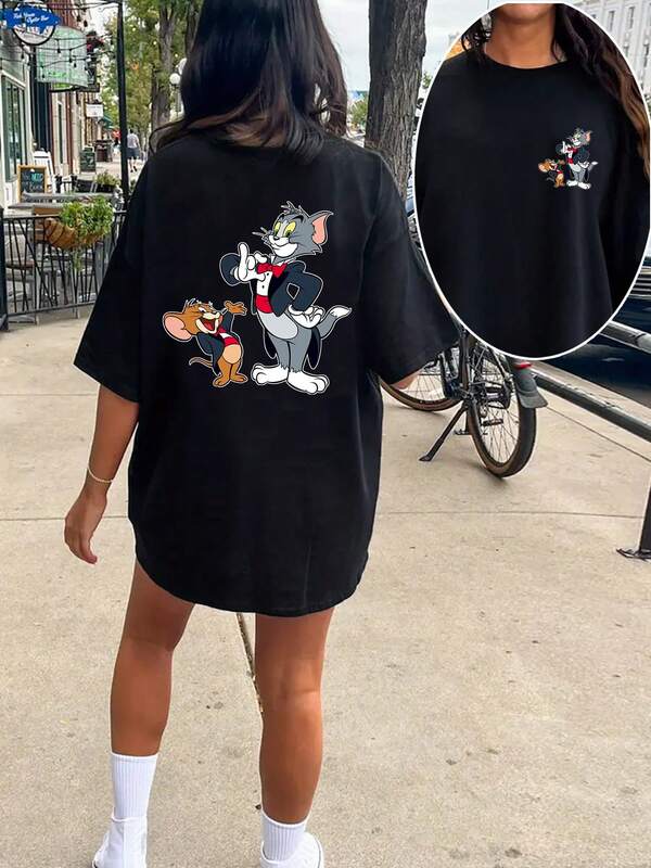 Warner Bros Vestido camiseta de manga corta con cuello redondo, serie de películas de Warner Bros., gráfico de dibujos animados de Jerry y Tom, ligeramente elástico, opaco, tejido de fácil cuidado, adecuado para uso diario, vestido camiseta de mujer, ajuste holgado y moderno de manga corta