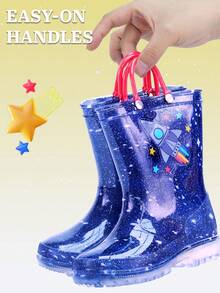 Kids Rocket Pattern Waterproof Anti-Slip Glossy PVC Rain Boots, Dual-Ear Design For Easy Carrying, Durable, Comfortable, Soft, Lightweight, Suitable For All Seasons