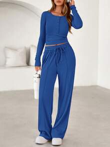 PRETTYGARDEN Women's Spring Fall 2 Piece Outfits Lounge Sets Long Sleeve Top Henley Shirts Wide Leg Pants Travel  Sweatsuit Set Women Clothes Home Clothes Going Out Outfits Sports Valentine Vacation Outfit For Women - 藍色 - 查看 1