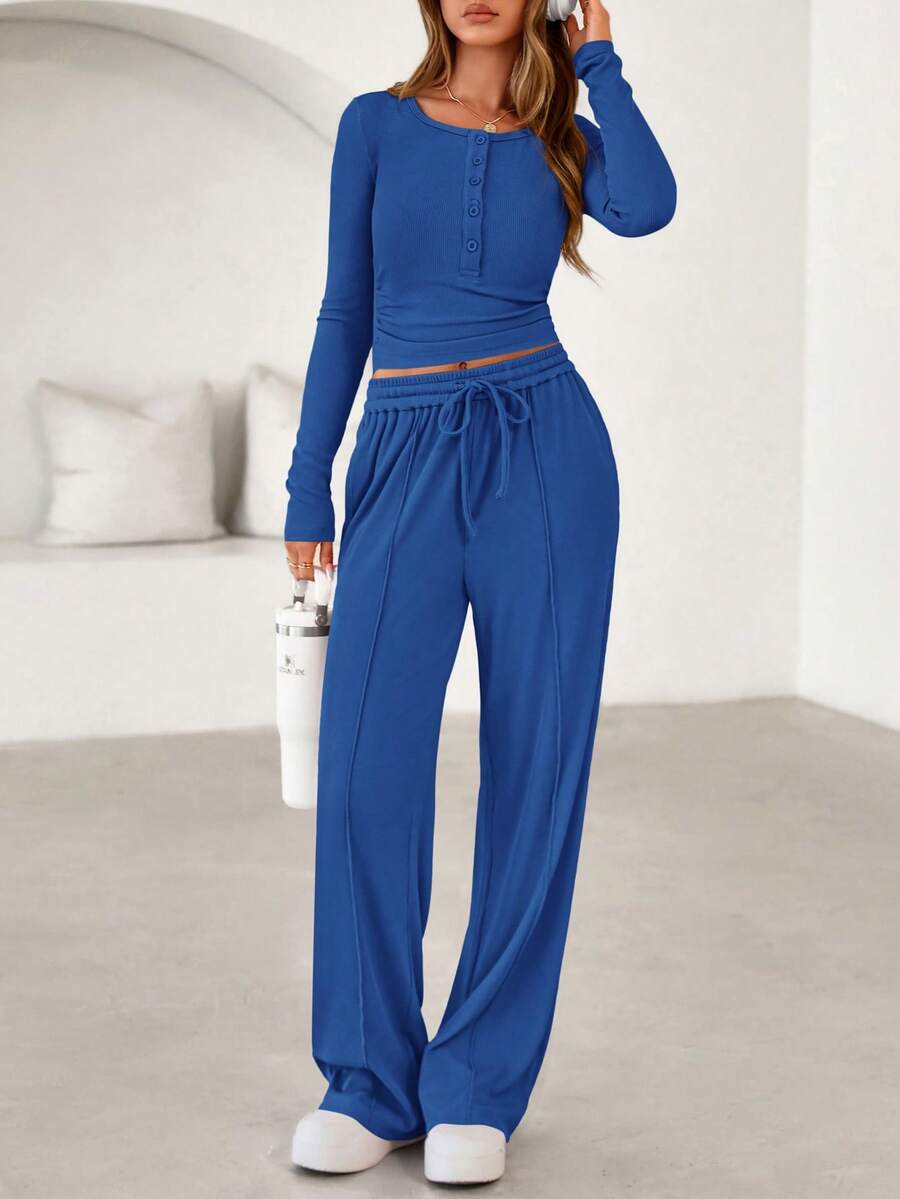 PRETTYGARDEN Women's Spring Fall 2 Piece Outfits Lounge Sets Long Sleeve Top Henley Shirts Wide Leg Pants Travel Sweatsuit Set Women Clothes Home Clothes Going Out Outfits Sports Valentine Vacation Outfit For Women - 藍色 - 查看 1