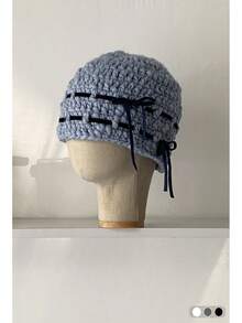 1 件秋冬百搭厚针织天鹅绒蝴蝶结保暖无檐小帽，女士手工针织耳暖桶帽，带天鹅绒蝴蝶结