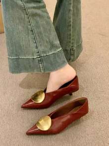 Fall/Winter 2025 Summer New Metal Buckle Pointed Toe Thin Heel Mid-Heel Mule Sandals For Women, Closed Toe Slip-On,Elegant - Burgundy - View 5