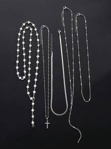 5 件简约十字架吊坠仿珍珠 Y 型项链套装，银色，女士多层项链，适合度假、约会、派对、生日、圣诞节、日常佩戴 - 銀色 - 查看 5