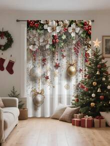 1pc Christmas Floral, Ornament & Decor Printed Polyester Curtain/Door Curtain, Rod Pocket Hanging, Suitable For Holiday Parties, Winter Celebrations, Christmas Decoration - Multicolor - View 8