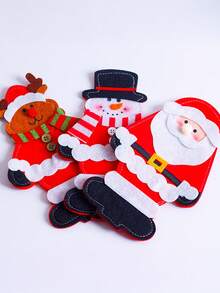 Set de 3 cuțite și furculițe de Crăciun, geantă pentru cuțite și furculițe de Crăciun, set de tacâmuri Moș Crăciun, accesorii pentru decorarea mesei de Crăciun, geantă de depozitare pentru cuțite și furculițe din fetru, desene animate pentru decorațiuni de Crăciun, ideal pentru decorațiuni de Crăciun, decor de cameră de iarnă