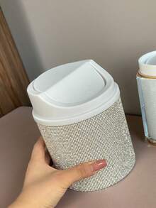 1pc Rhinestone Decorated Desktop Makeup Trash Can, Rotating Lid Desk Organizer Suitable For Vanity, Bedroom, Office, Shines In Sunlight Bag, Room Decor, Bags, Makeup Bag, Vanity, Travel, Make Up Bag, Organizer, Storage, Travel Essential, Makeup Organizer, Makeup Bags, Toiletry Bag, Desk Organiser, Cosmetic Bag, Makeup Pouch, Make Up Organizer, Vanity Accessories, Make Up Pouch, Make Up Bags, Jewellery Box, Pouch, Makeup Brush Holder, Brush Holder, Perfume Organiser, Pouch Bag, Gifts For Women, Christmas Gifts, Gift Ideas For Women - White - View 7
