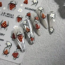 5-Pack 3D Halloween Nail Art Stickers And Decals - Cartoon Ghosts, Skulls & Floral Patterns, Plastic Self-Adhesive Nail Embellishments, Glass Surface Compatible, Single-Use Matte Fantasy Theme Nail Decor With Irregular Shapes And Embroidered Detail - Multicolor - View 7