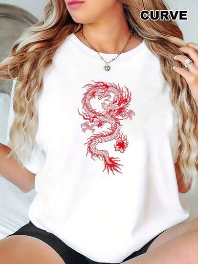 Curve Women's 180g White Cotton T-Shirt With Red Dragon Print, Crew Neck, Short Sleeves - Elegant Casual Style Ideal For Summer - Pairs Perfectly With Jeans For A Modern And Comfortable Look.