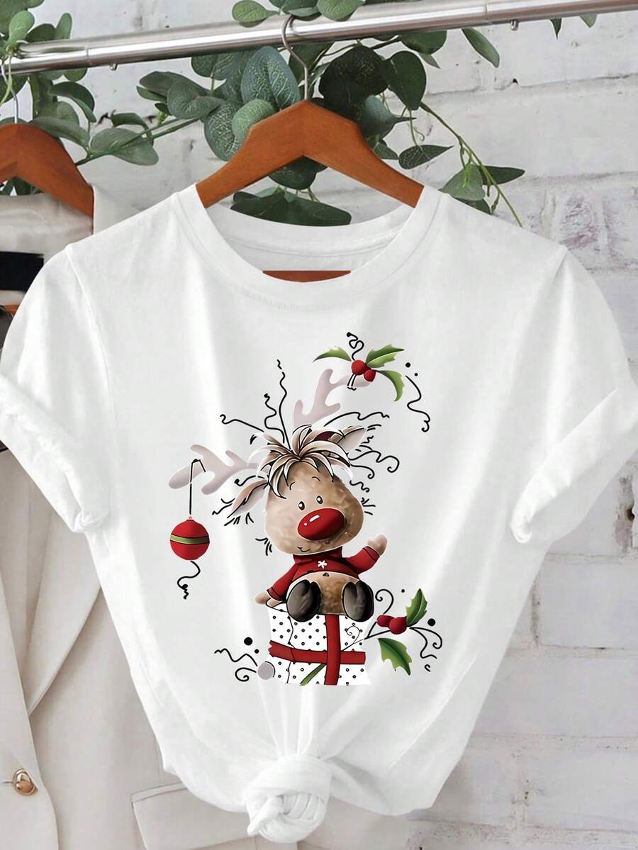 Damen Weihnachts-Grafik Kurzarm T-Shirt - Rundhals Lässig Top mit festlichen Rentier- und Feiertags-Elementen, Herbstkleidung in Große Größen, Herbst Tops für Frauen, Weihnachtskleidung
