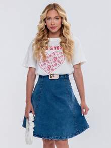 Saia Jeans Evasê Feminina Cinto Removível Moderna - Marmorizada - Visão 4