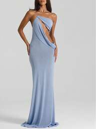 Polyester Light Blue Ruched Cut Out One Shoulder Slim Fit Maxi Dress For Evening Wedding Guest Summer Elegant