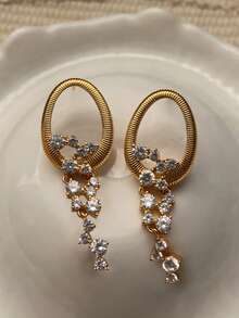 2 件椭圆形耳环，配锆石流苏，轻盈奢华铜金色耳环，适合女士，适合派对、宴会、聚会、约会、日常服装配饰、节日珠宝礼物 - 金色 - 查看 4