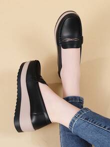 女士时尚厚底压花印花增高百搭厚底一脚蹬休闲鞋 - 黑色 - 查看 8