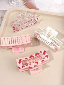 4件套情人节粉色爱心热转印发爪，简约方形发爪，甜美可爱街头风，适合日常佩戴、休闲旅行、送给女朋友的礼物，秋季发饰发夹，时尚发夹，秋季时尚发爪花朵发夹 - 彩色 - 查看 6