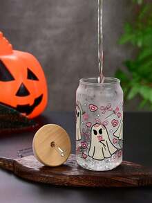 1pc Halloween Soda Cup High Borosilicate Glass Straw Cup Bamboo Lid Water Cup Heat Resistant Ins Style Glass Cup