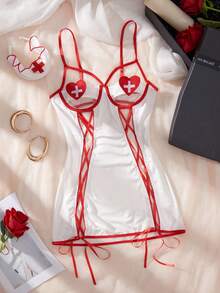 2 Pieces Women's Nurse Cosplay,Nurse Headwear,Sheer&Backless,Lace Up,Side Slit,Babydolls,Sexy Nightgown,Sexy Lingerie Set