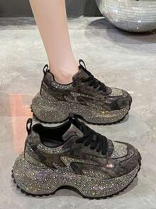 2025春秋季女士水钻厚底运动鞋，时尚高帮休闲跑步鞋
