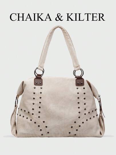 CHAIKA & KILTER 1 chiếc Túi đeo vai bằng vải PU trơn màu, Túi tote nữ cổ điển thường ngày dung tích lớn, Túi đựng sách sinh viên đại học, Thiết kế quai xách kép đính đinh tán, Khóa kéo, Thích hợp cho việc mua sắm hàng ngày