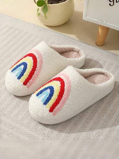 Kids Plush Rainbow Slippers, Warm Thick Sole Indoor Thermal Slippers For Autumn/Winter
