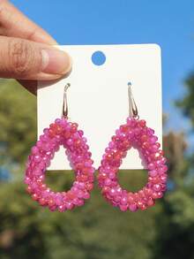 1 对手工波西米亚风格仿水晶串珠和流苏耳环，复古优雅独特几何泪珠耳环，时尚耳环礼物，适合婚礼、音乐节、朋友和恋人，适合女性日常、度假、派对佩戴（珠子颜色和位置随机） - 玫紅色 - 查看 7