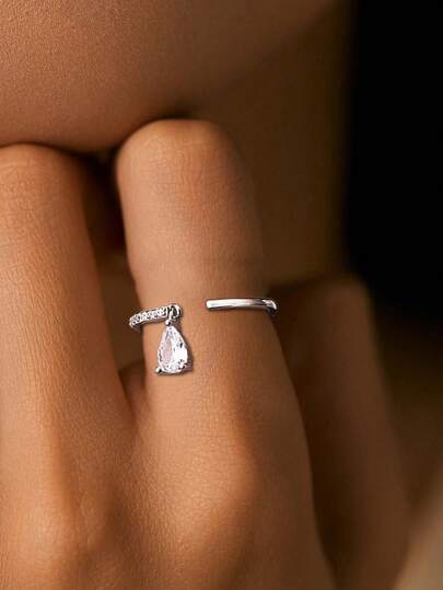 1 pieza Anillo de gota de lágrima ajustable en forma de C de plata esterlina S925 con circonita cúbica, joyería de lujo ligera y versátil como regalo para mujeres
