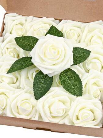 20 件人造花假玫瑰带茎，黄色盒装泡沫玫瑰适用于 DIY 花束中心装饰婚礼派对布置新娘送礼会装饰（16 朵花 4 片叶子）