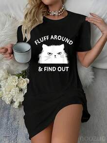 Fluff Around Funny Sarcastic Cat Lady Quote Humor Dress Pajamas Sleepdress Nightshirt - màu đen - Xem 1