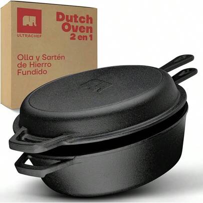 ULTRACHEF Olla de Hierro Fundido 2 en 1 para Estufa y Horno | Horno Holandés y Sartén de Hierro Fundido con Asa y | Dutch Oven | Tamaño 26, Capacidad 2.8 Litros
