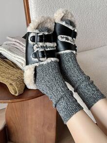 1 双女士纯色加厚保暖羊毛混纺粗针织中筒袜，适合秋冬季日常和居家穿着