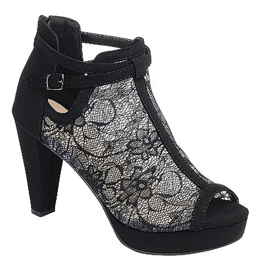 Women's Chunky Toe Heels: Comfortable Block-Heel Sandals With Cut-Out Design, Back Zipper, And Sexy Mesh – Ankle Boot-Inspired Style, Perfect For Dressy Occasions And Dates - Black - View 1