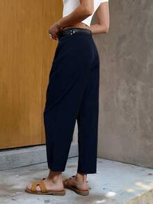 Quần Harem xếp ly dáng rộng màu trơn, dài đến mắt cá chân, không kèm thắt lưng, thích hợp cho mùa xuân. - Màu xanh hải quân - Xem 7