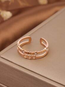 1枚不锈钢玫瑰金镂空双层心形立方氧化锆戒指，时尚百搭甜美风格，适合女性日常佩戴、派对、生日、礼物等场合。 - 尚雙層鏤空小愛心戒指 - 查看 6