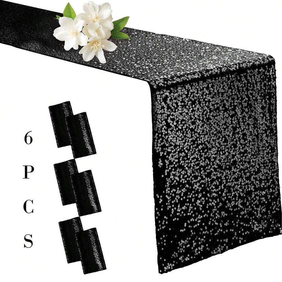 1PC/6Pcs 12 X 118 Cm Sequined Table Runners, Made Of Shimmering Fabric, Perfect For Weddings, Parties, Holidays, Table Decorations, Graduation, Gender Reveal Parties, Bridal Showers, Living Room Decor, Bachelorette Parties, Kitchen Decor, Western-Themed Decor, Easter Table Runners, St. Patrick's Day, Easter Decor, And Spring Decor - 黑色 - 查看 1