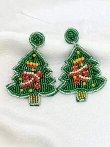 1 Pair Of Vintage Handmade Beaded And Rhinestone Christmas Tree Earrings For Women, Perfect For The Holidays