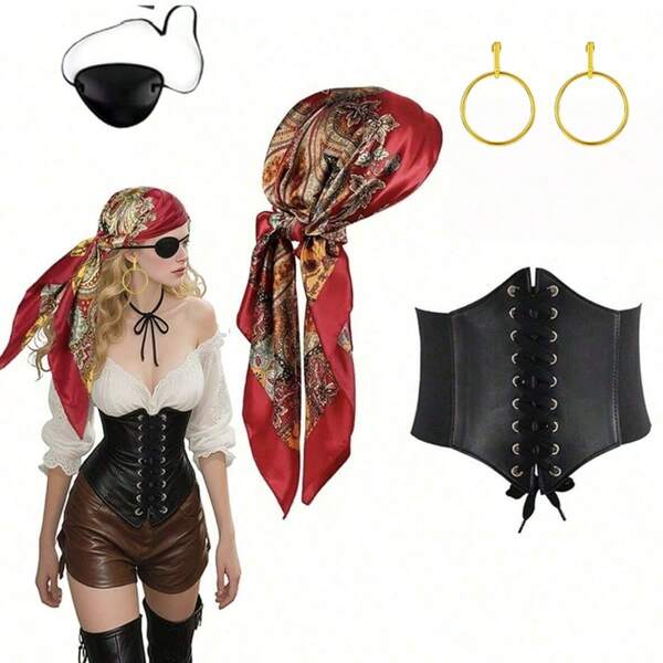 The 4-Pcs Pirate Set Includes (Headscarf, One Eyed Eye Mask, Waist Harness, Earrings), Suitable For Various Scenes Such As Role-Playing, Halloween Events, Dance Floor Parties, Friend Gatherings, And More.