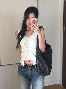 女士二合一吊带无袖扭结镂空开衩设计背心休闲白色夏季 - 白色 - 查看 3