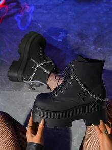 大码女式系带靴，星形链条装饰，厚底方头坡跟踝靴，秋冬季时尚单品 - 黑色 - 查看 6