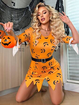 Women's Orange Pumpkin Slim Suspender Skirt Autumn Dress Party Dress Halloween Dress Cosplay