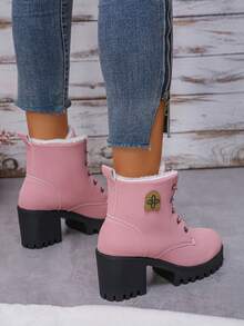 大码女式厚底系带保暖内衬时尚靴子中跟靴欧美风格冬季 - 粉色 - 查看 4