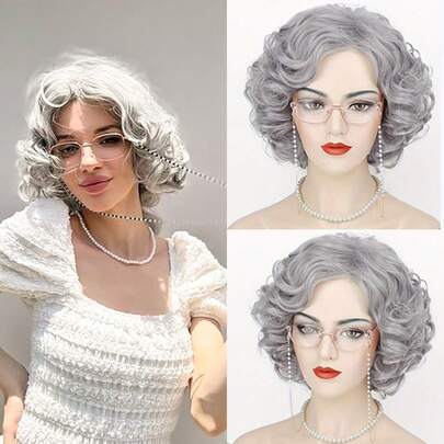 奶奶假发及配件，适合老太太装扮，灰色卷发奶奶假发，适合女性，100天开学季银色合成假发，适合角色扮演、万圣节派对（灰色假发5件套）
