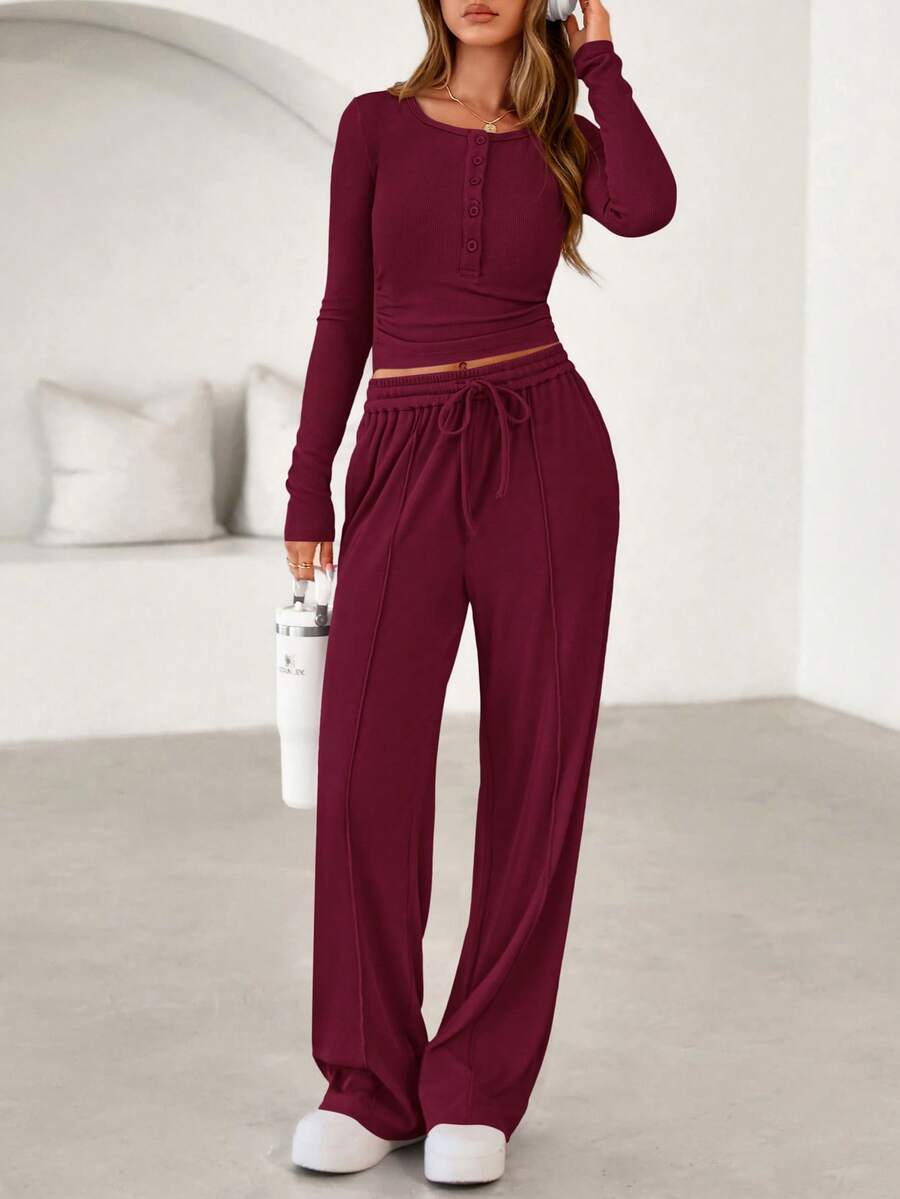 Women's Spring Fall 2 Piece Outfits Lounge Sets Long Sleeve Top Henley Shirts Wide Leg Pants Travel  Sweatsuit Set Women Clothes Home Clothes Going Out Outfits Sports Valentine Vacation Outfit For Women - 酒紅色 - 查看 1