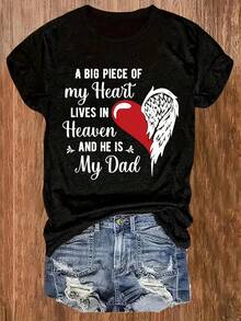 Women's New Casual Round Neck Letter Element Dad's Girl Angel Heart Print Pullover T-Shirt - Black - View 2