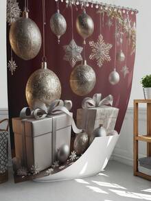 1 pieza/4 piezas Caja de regalo con bola de adorno de Navidad de lujo con tema plateado, decoración del hogar y del baño para Año Nuevo, cortina de ducha con 12 ganchos, alfombra de baño, alfombrilla en forma de U para el inodoro, tapa del inodoro, partición de baño, accesorios de baño, decoración de baño