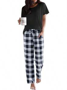 Pajama Sets Women Round Neck Pjs Short Sleeve Sleepwear With Long Pants Loose Lounge Sets - Navy Blue-white Plaid - View 6