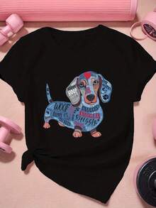 Dachshund Women's Plus Size Sports T-Shirt - Soft, Short Sleeve For Casual Wear - Black - View 9