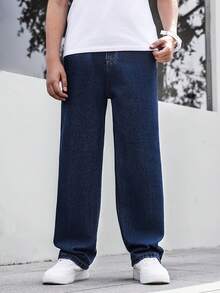 European & American Teenage Boys' Dark Blue Casual Straight Leg Jeans