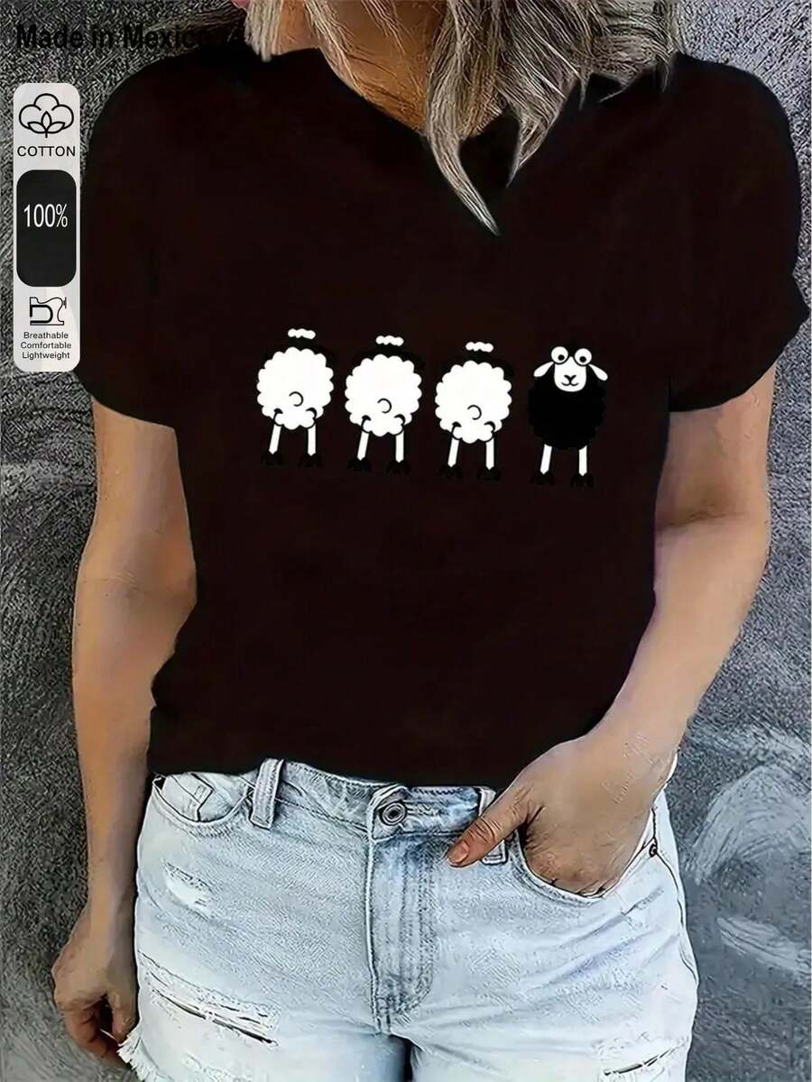 1 camiseta estampada, corte holgadoCartoon Graphic style Four sheep Black and white contrastIdeal para las vacaciones de verano, Halloween, el Día de la Independencia de México y otras ocasiones similares, este versátil modelo unisex es perfecto para llevar con ropa informal. - Negro - Ver 1